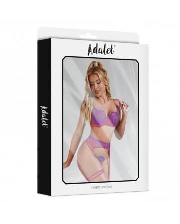 Stella Set Sujetador Tanga Liguero y Liga Purpura y Rosa