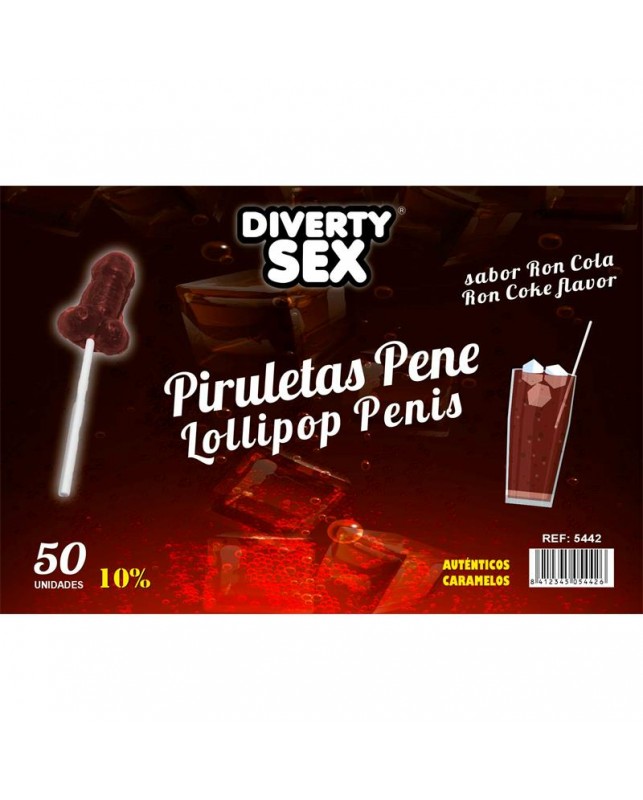 50 Piruletas Forma Pene Sabor Ron Cola 10 Alcohol